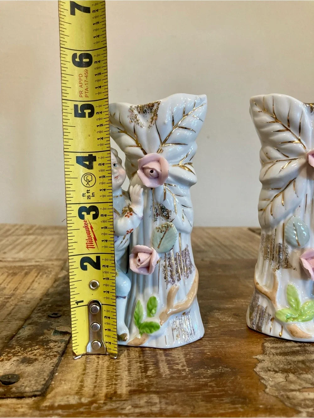 Pair of Boy & Girl Floral Mantel Vases in White & Gold Roses